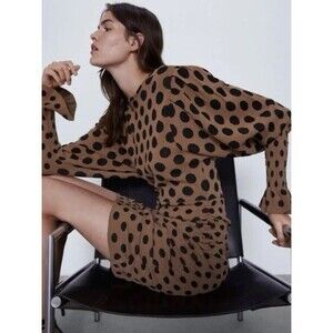 ZARA JERSEY KNIT RUFFLED CUFFED PUFF SLEEVE RUCHED DRAPED POLKA DOT DRESS Size M